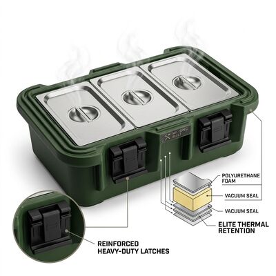 Contenitori alimentari isolati per uso militare da 30 litri, portabili GN Pan Carrier Distribuzione di pasti caldi, alimentazione sul campo